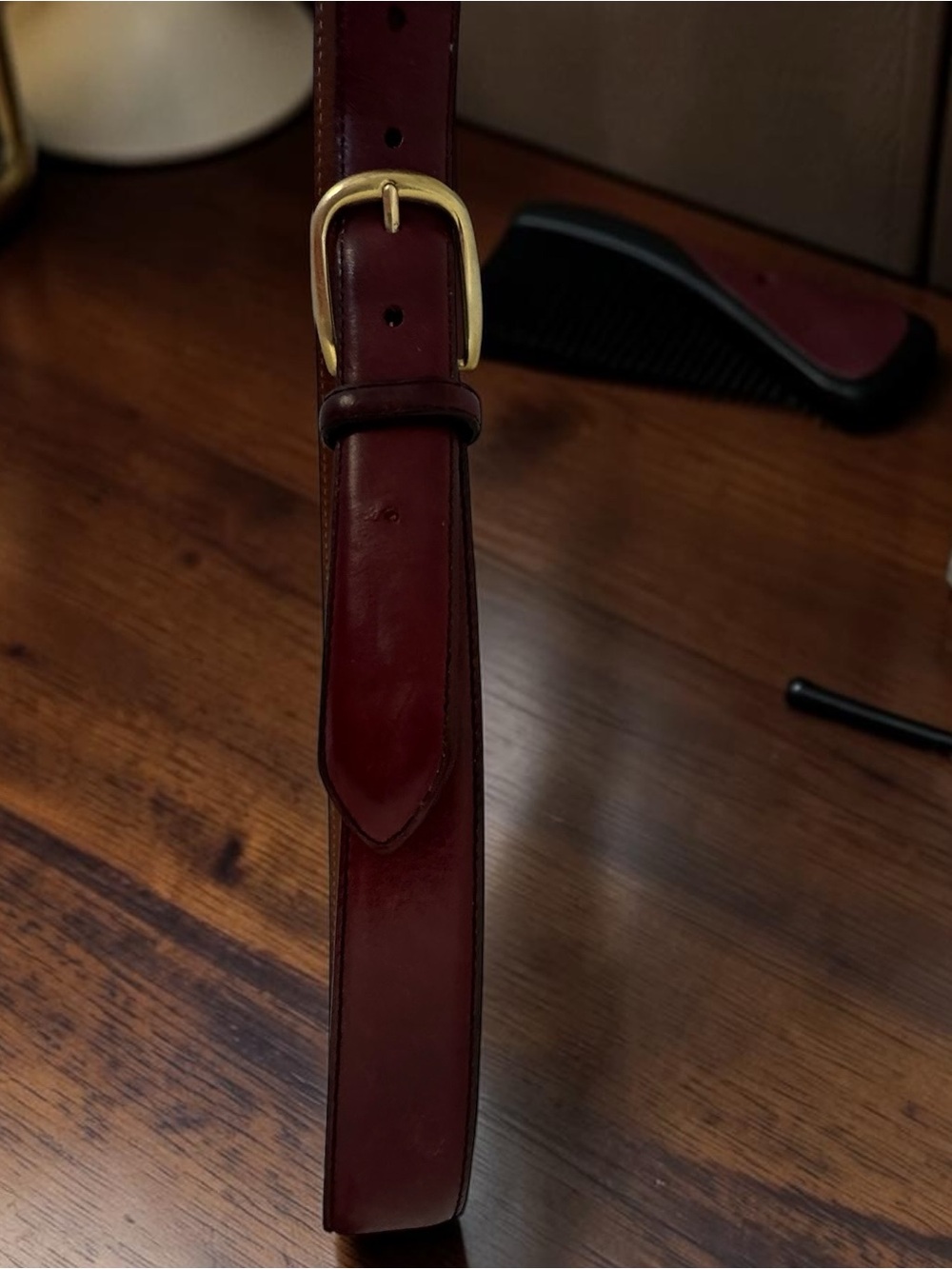 L.L. Bean Brown/Burgundy Full Grain Cowhide Leather Belt with Solid Brass Buckle